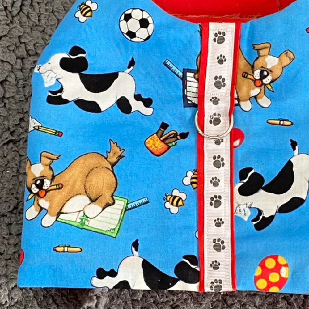 Like New- DOGS on a Blue background playing harness- handmade